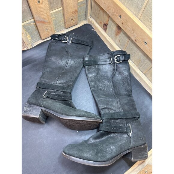 Ugg Black Leather Tall Buckle Fall Boots Womens Size 7.5 - Picture 1 of 10